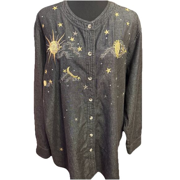 Quacker Factory Tops - Quacker Factory Top 1X Womens Button Up Dark Denim Shirt Celestial Astrological